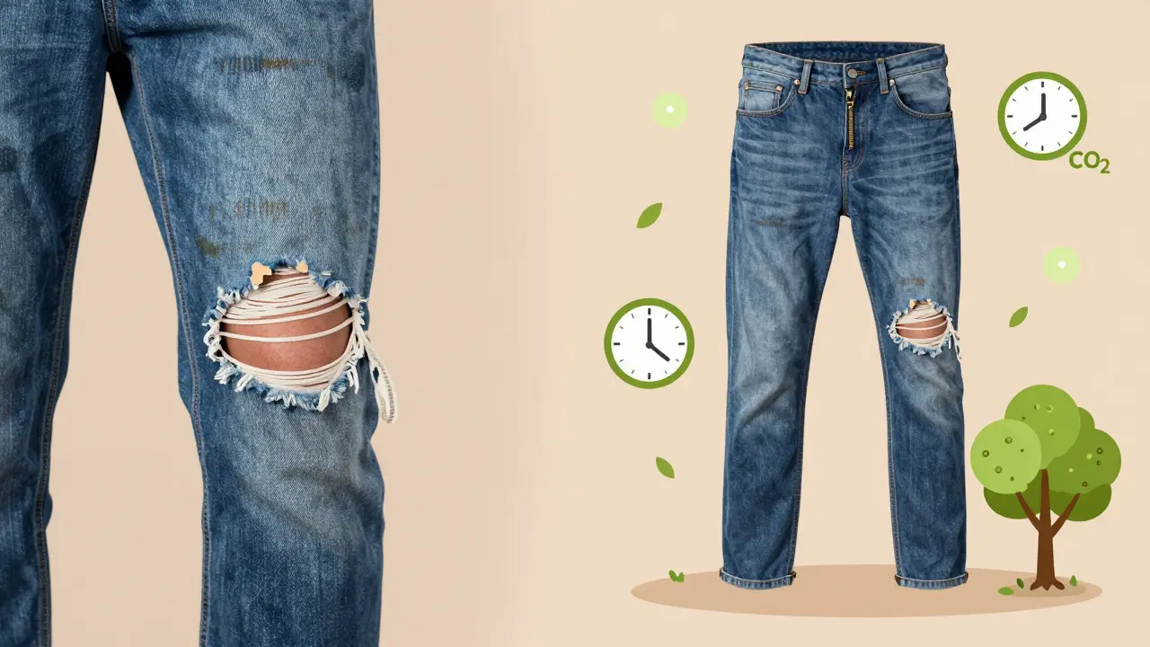 Dvě části obrázku: poškozené džíny a stejné džíny opravené, s ikonami ušetření CO₂.