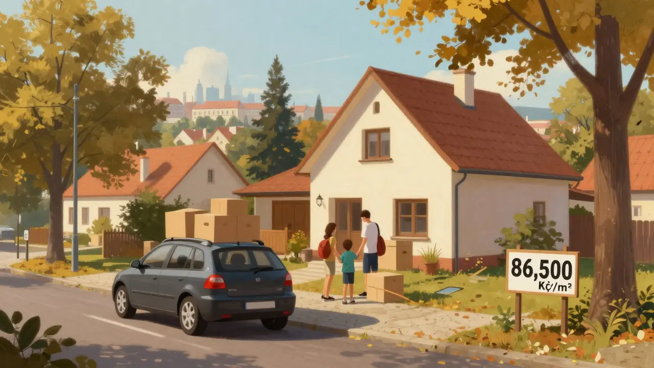 Family moving into a suburban home in Central Bohemia with Prague skyline in distance.