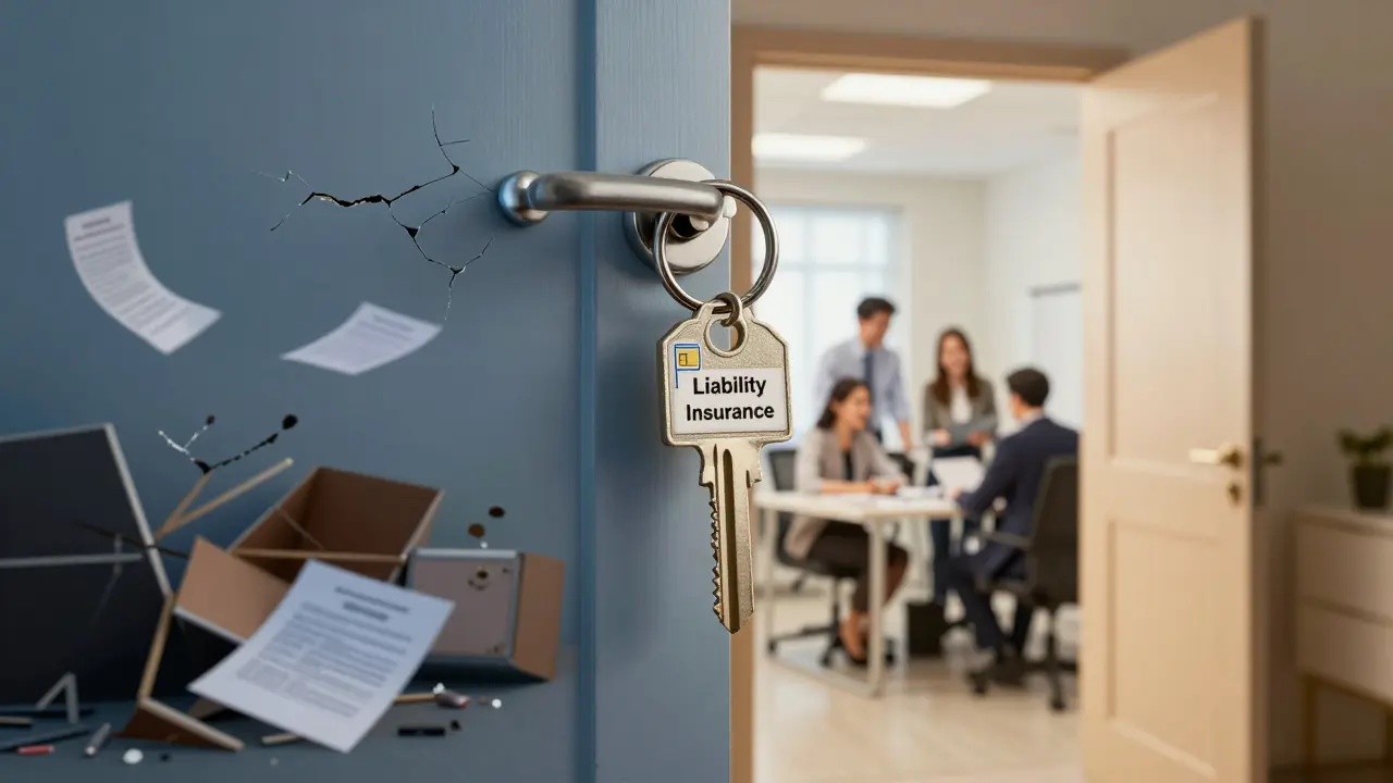 Klíč ve tvaru pojištění otevírá dveře k bezpečnému podnikání, zatímco na druhé straně je chaos.