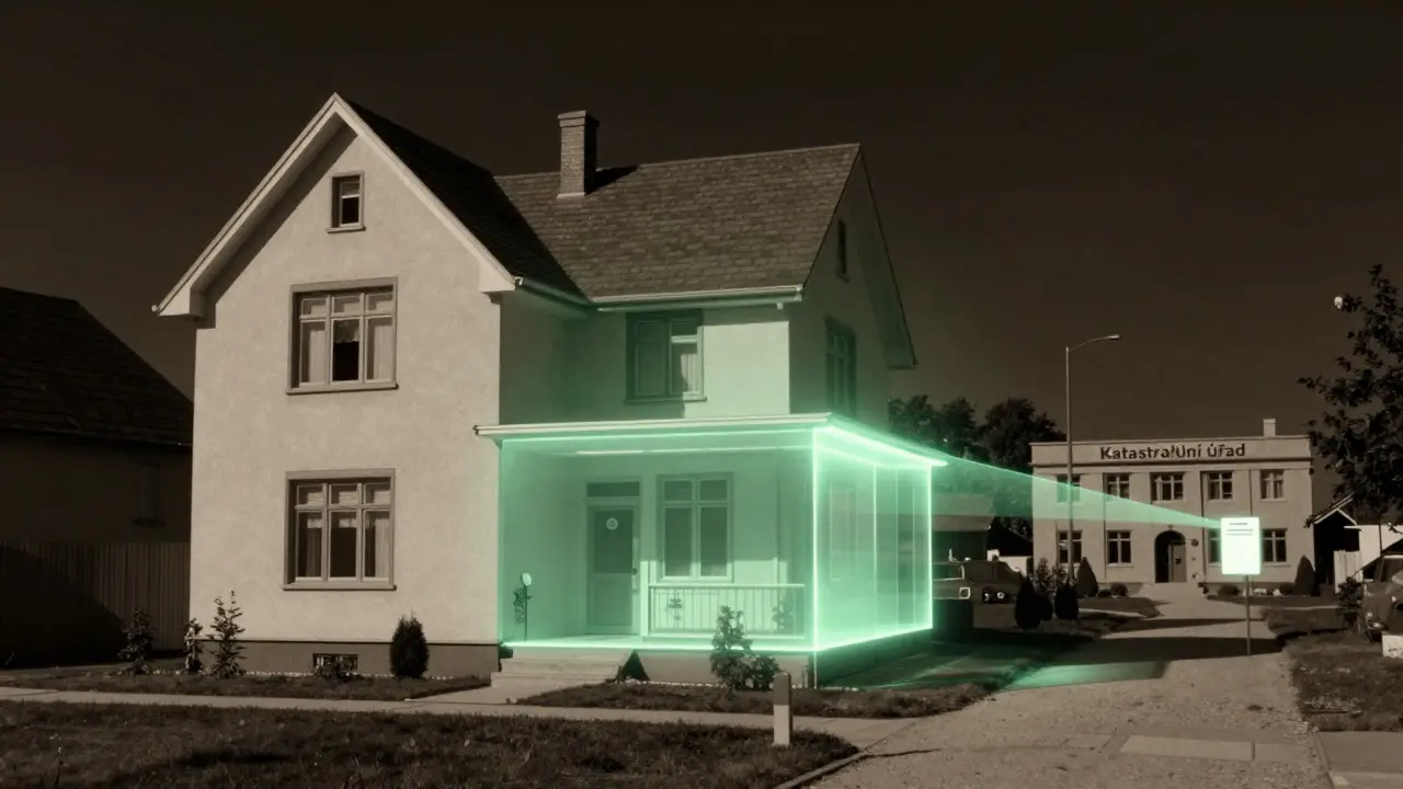 Konceptuální obrázek domu s přístavbou, která se postupně stává oficiální částí nemovitosti.