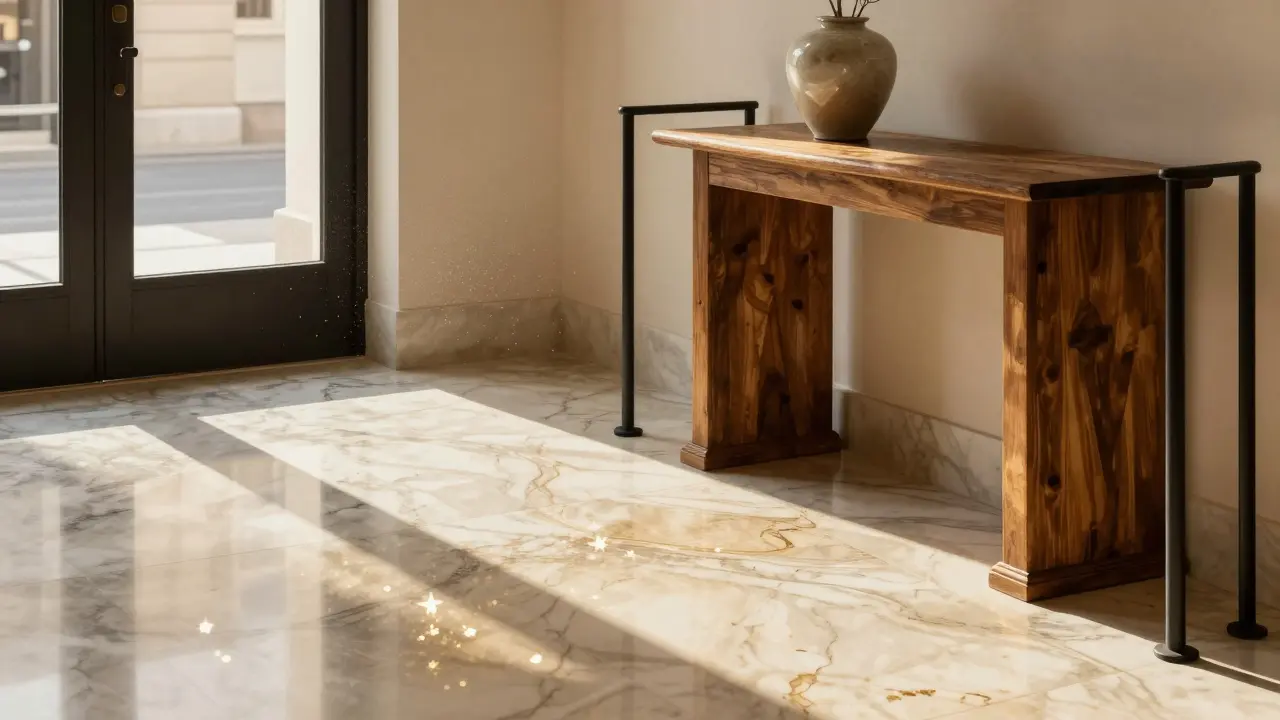 Luxusní vstupní hala s mramorovou podlahou, odrazem světla a klasickým dřevěným stolem.