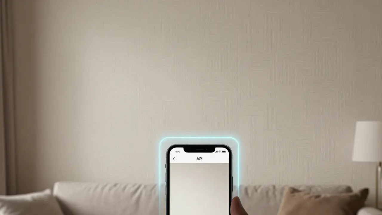 Moderní místnost s nově položenými tapetami a AR aplikací na telefonu ukazující orientaci.