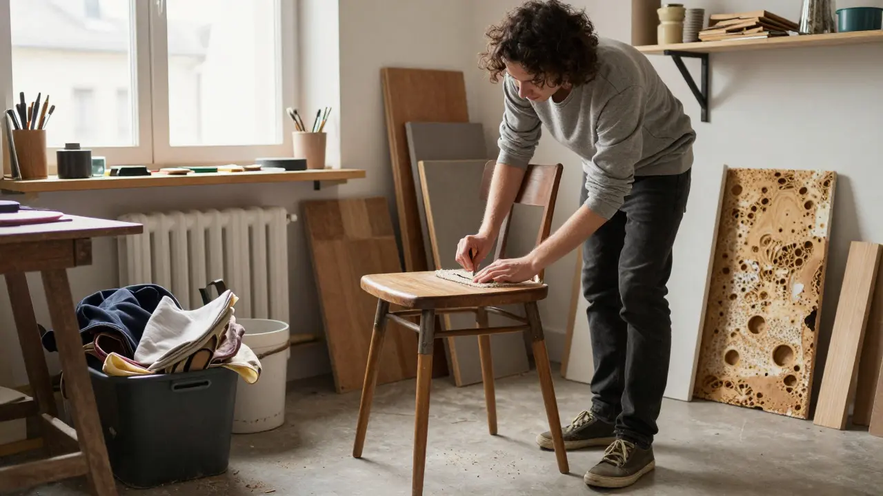 Návrhář opravuje starou židli v dílně, kolem ní hromady recyklovaných materiálů.