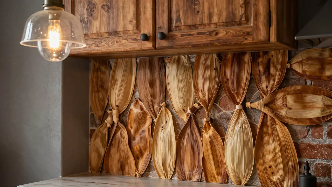 Obklad ze slupek kukuřice s obnovenou dřevěnou skříní a lampou z recyklovaných lahví.