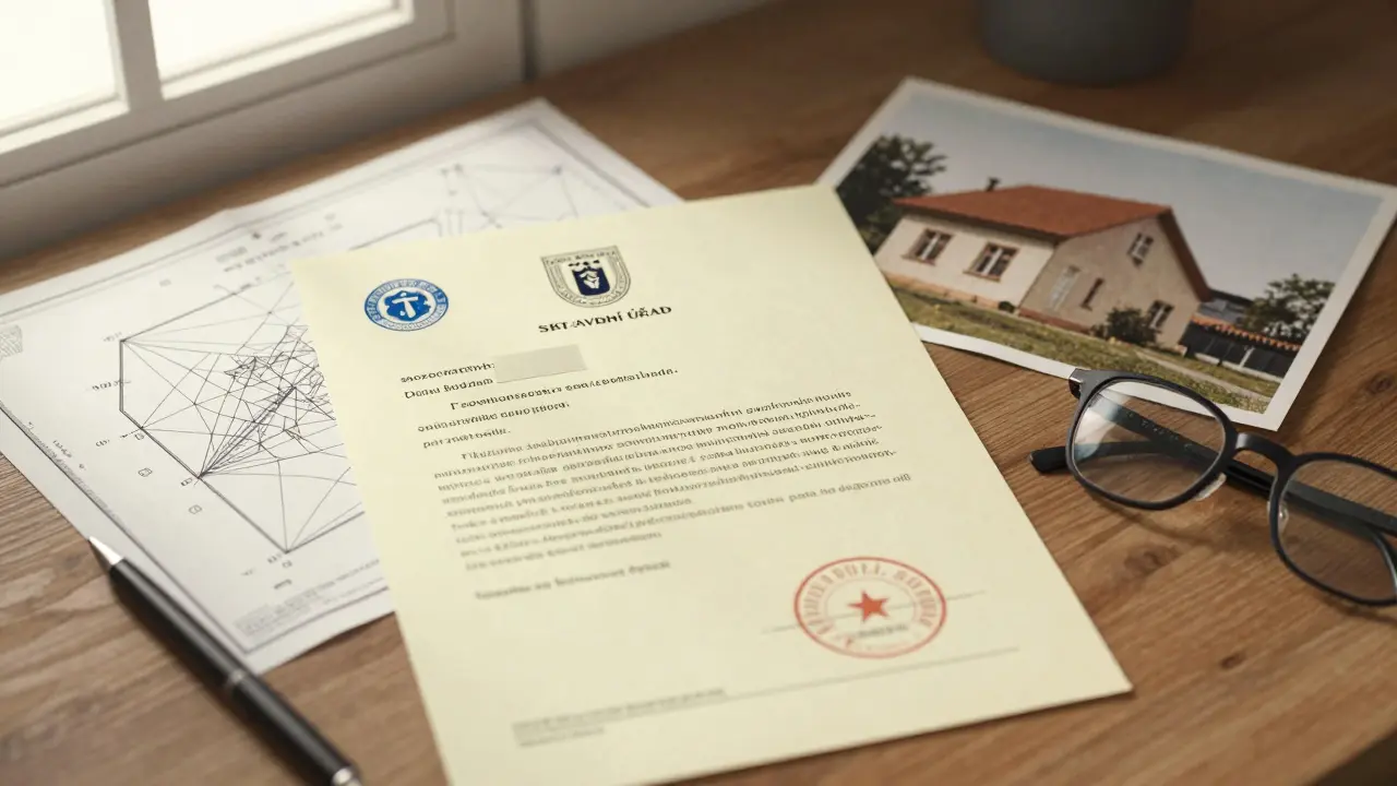 Oficiální potvrzení o legalizaci přístavby na stole vedle geometrického plánu.