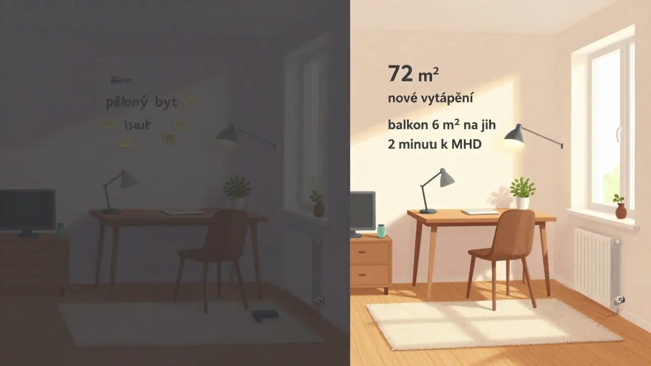 Porovnání špatného a dobrého inzerátu nemovitosti: nejasný popis vs. přesné detaily.