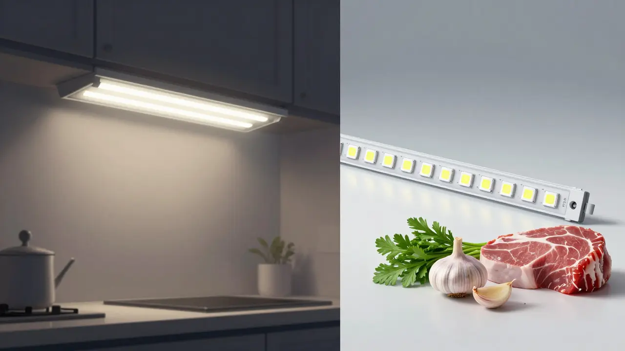 Porovnání staré zářivky s nejnovějšími LED páskami — levá strana s nejednotným světlem, pravá s čistým, rovnoměrným osvětlením.