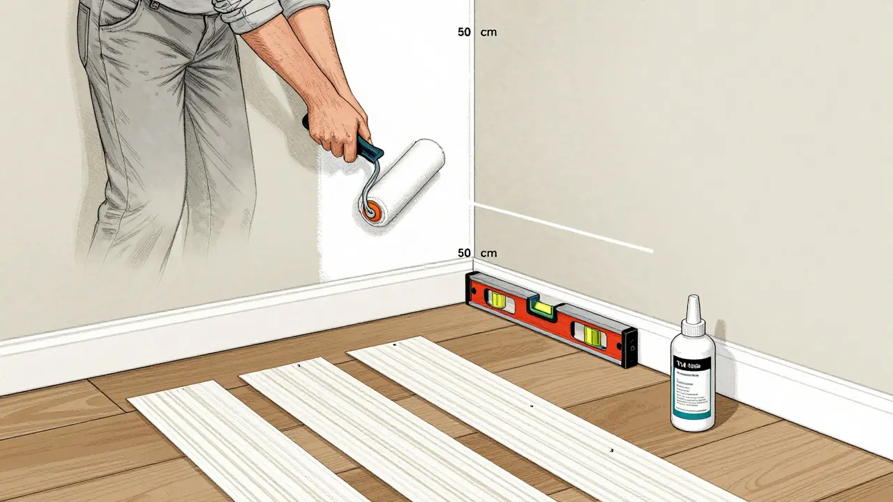 Příprava stěny na tapetování s laserovým nivelárem a výkladem tapet na zemi.