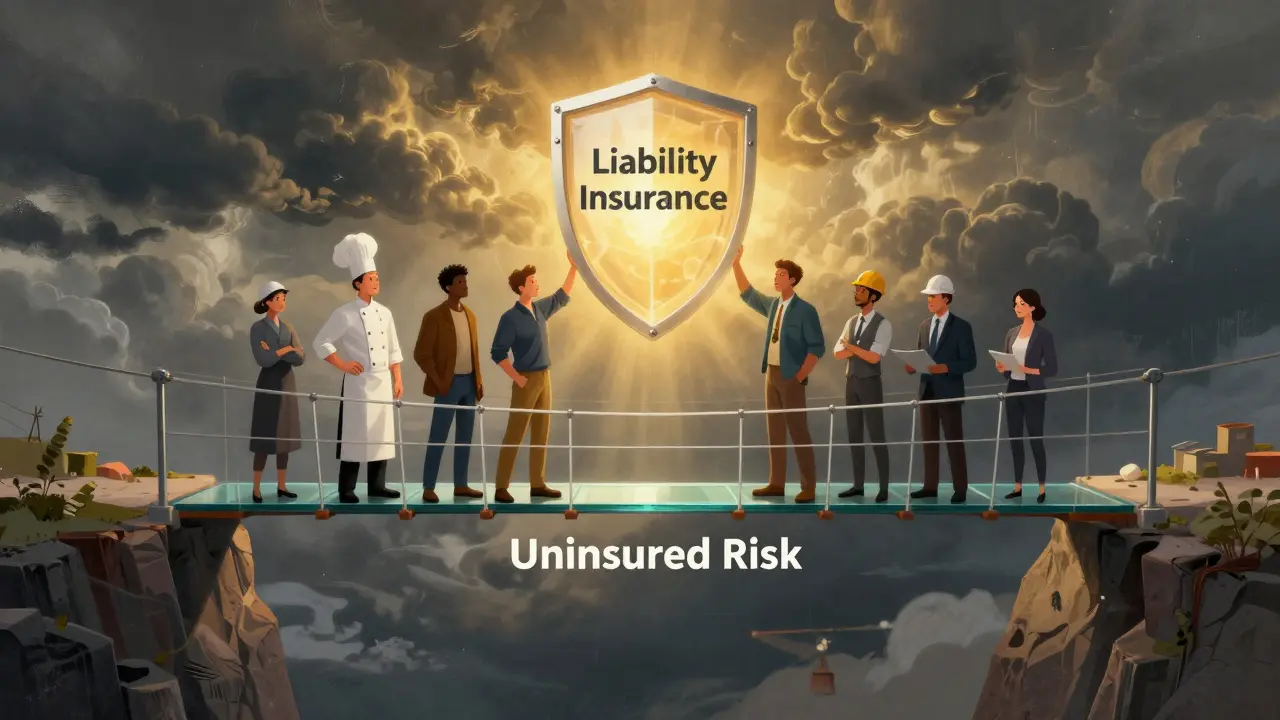 Profesionálové stojí na mostě chráněném štítem pojištění odpovědnosti nad propastí rizika.