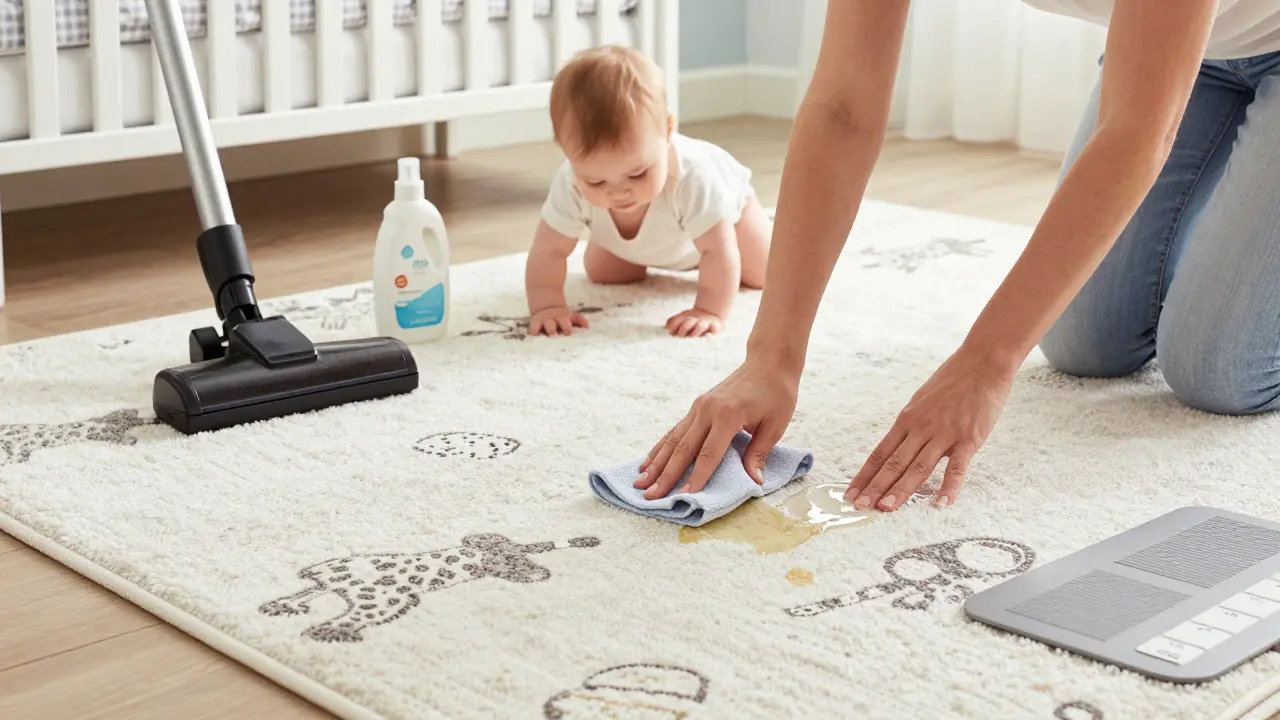 Rodič čistí skvrnu na koberečku v dětském pokoji, dítě plazí se vedle.