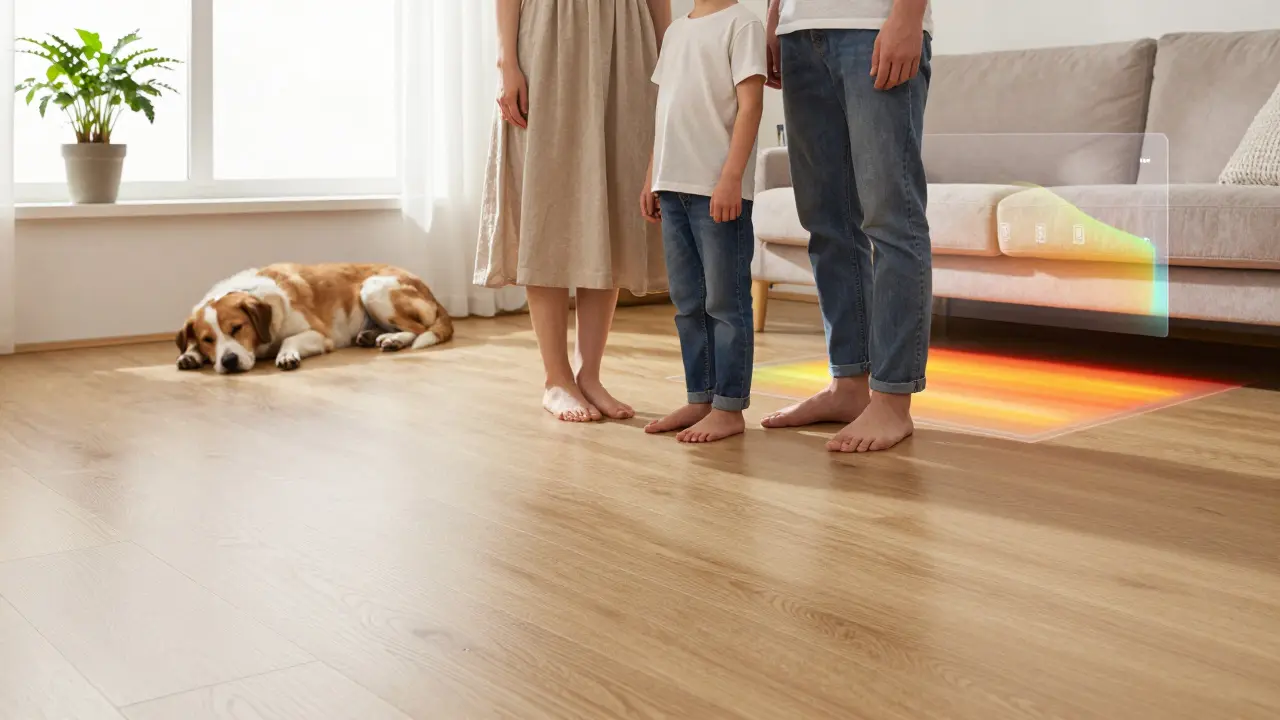 Rodina stojí bosá na SPC podlaze v bytě s podlahovým topením, pes spí v pozadí.