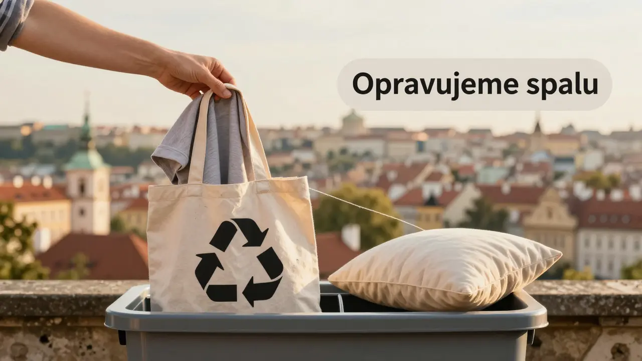 Ruka klade staré tričko do koše, který se mění v tašku a polštář, pozadí město.