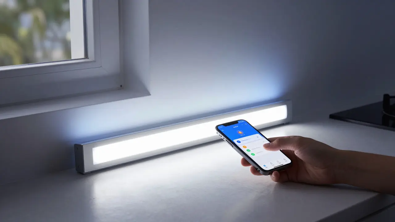 Ruka ovládá chytrý LED systém přes telefon, zatímco kuchyňská deska mění světlo z pracovního na večerní režim.