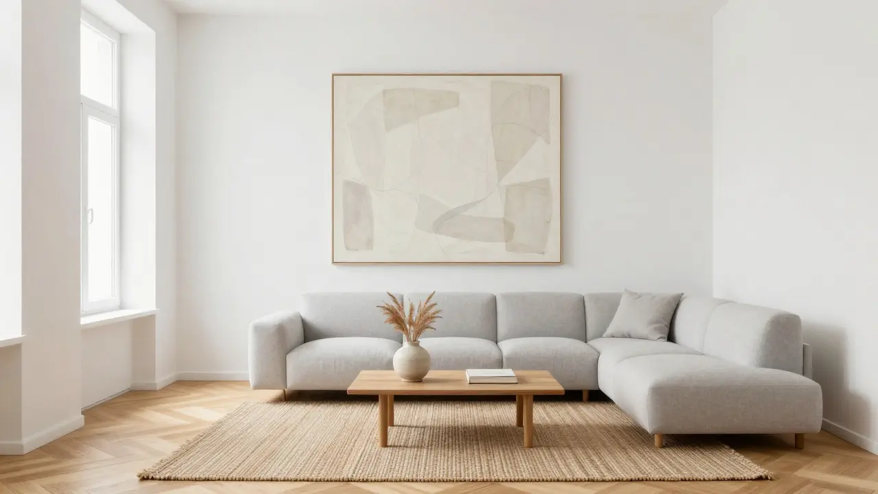 Skandinávský obývací pokoj s bílými stěnami, lehkým dřevěným podlahou a minimální dekorací.