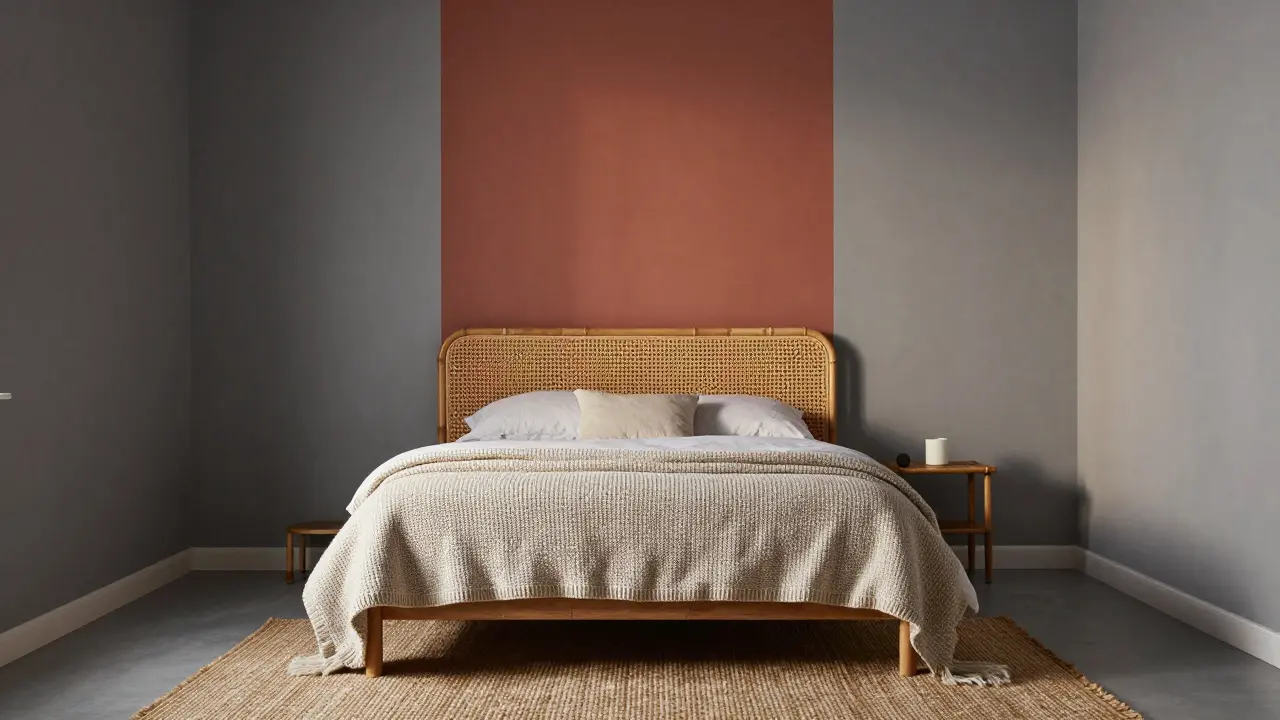 Spalna s texturovanými povrchy, teplými akcenty a jemným osvětlením, které oživuje šedou barvu.