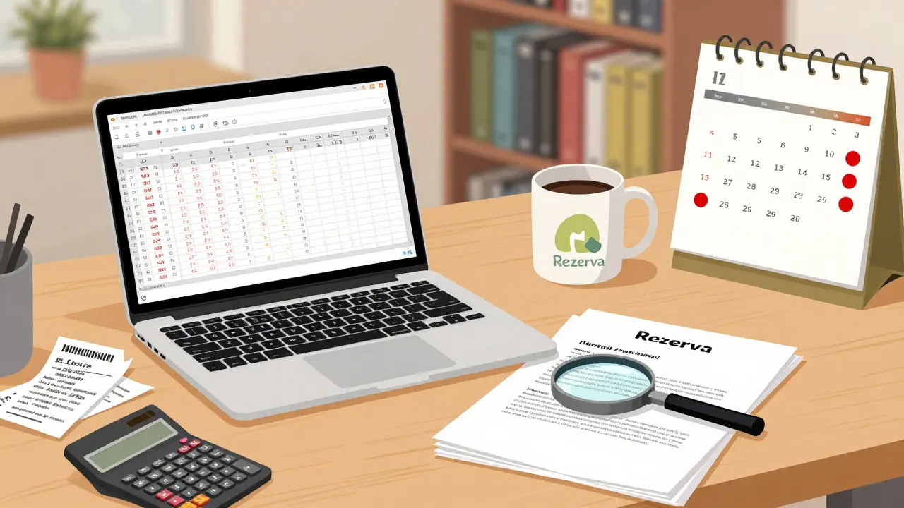 Stůl s finančními dokumenty, účetnictvím a chybnou nájemní smlouvou v českém bytě.