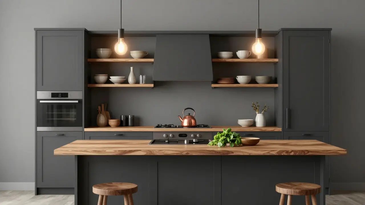Tmavě šedá kuchyně s dřevěnými povrchy a keramikou, osvětlená teplými žárovkami.
