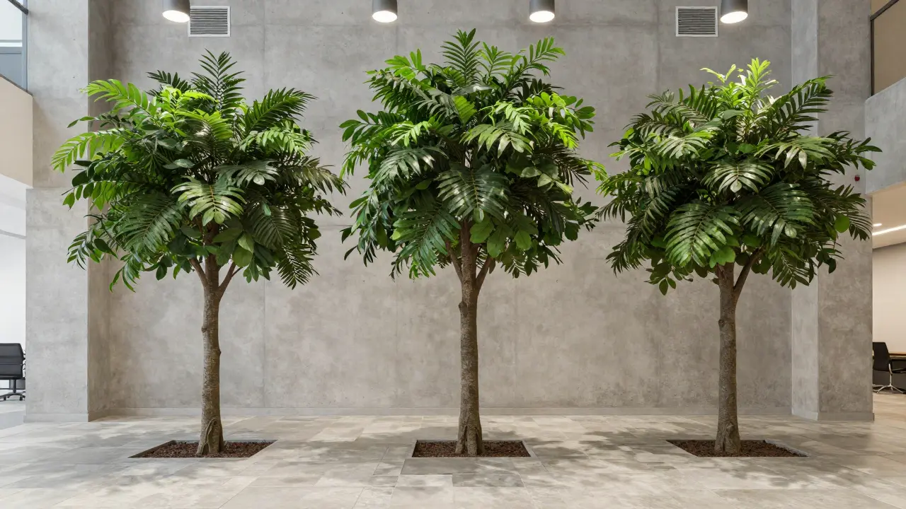 Tři realistické umělé stromy v kancelářském lobby s texturovanými kmeny a přirozeným vzhledem.