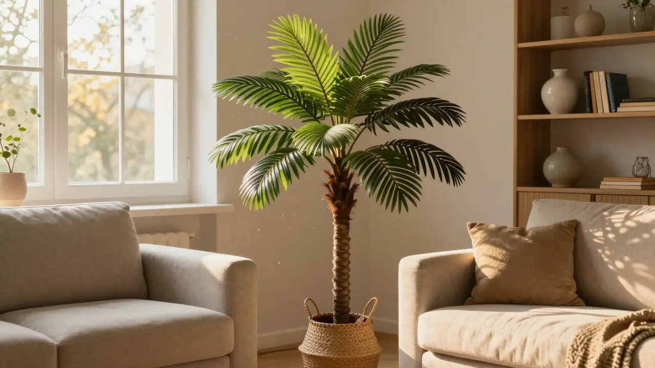 Velká umělá palma v obývacím pokoji s přirozenými odstíny zelené a texturovanými listy.