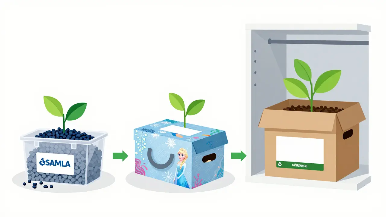 Životní cyklus úložných boxů: recyklace, opotřebení a nový ekologický výrobek.