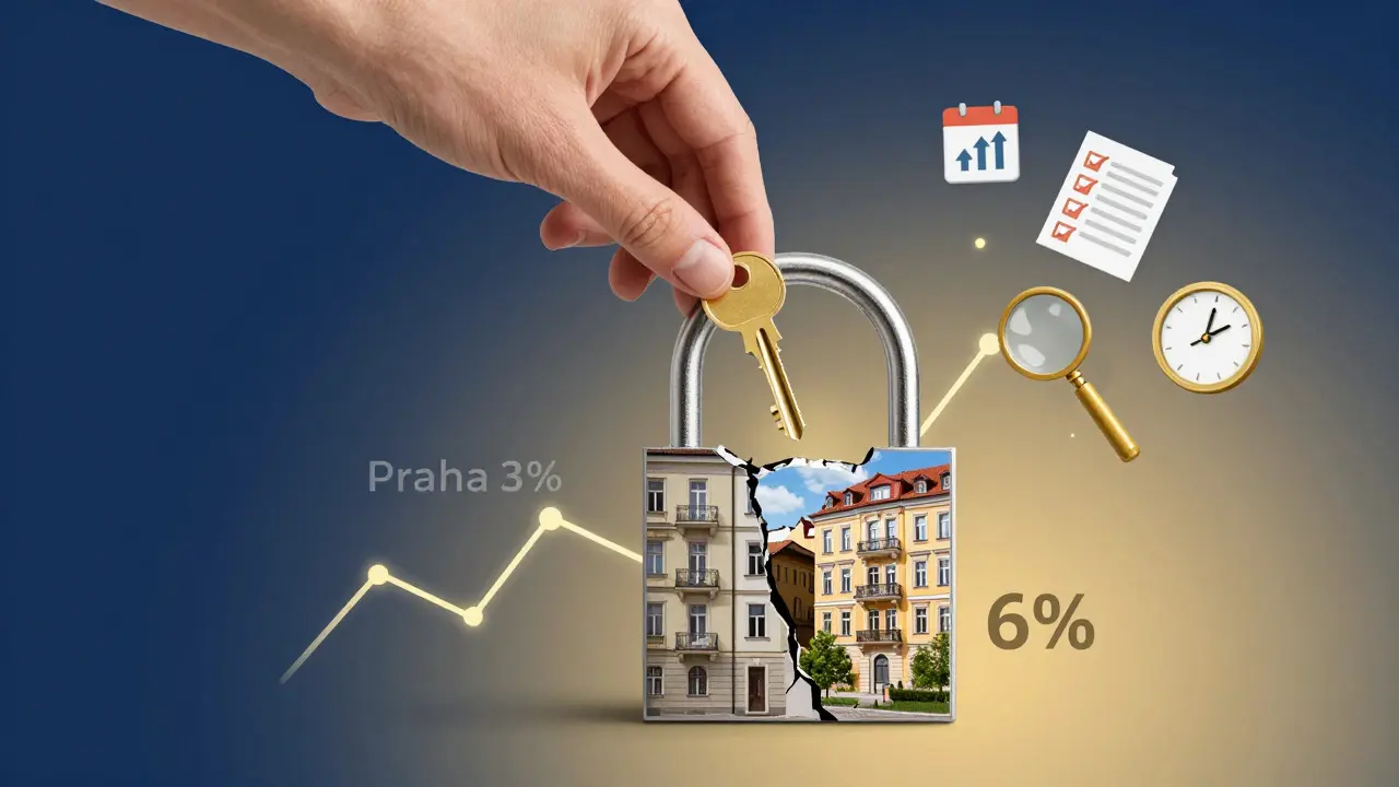 Zlatý klíč v zámku tvaru růstové křivky, srovnávající Prahu a Brno jako investice.