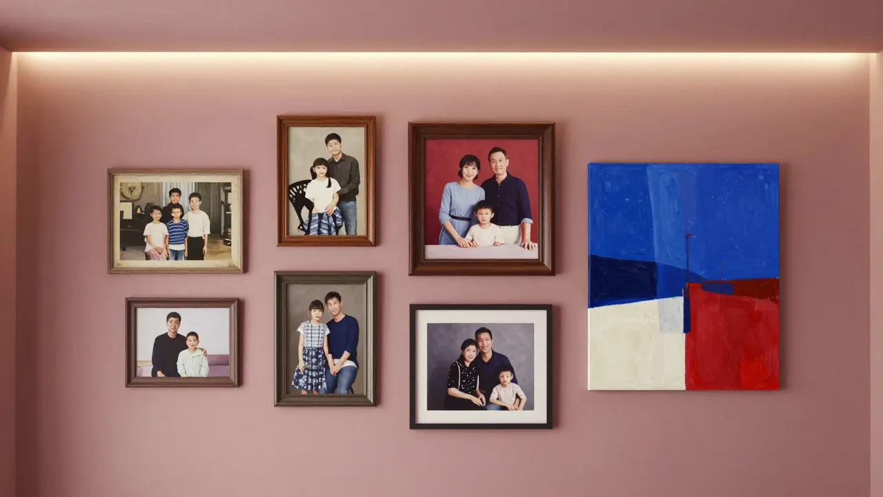 Aerální pohled na maximálnistickou galerii s různě velkými díly uspořádanými do spirály a tenkým LED světlem.