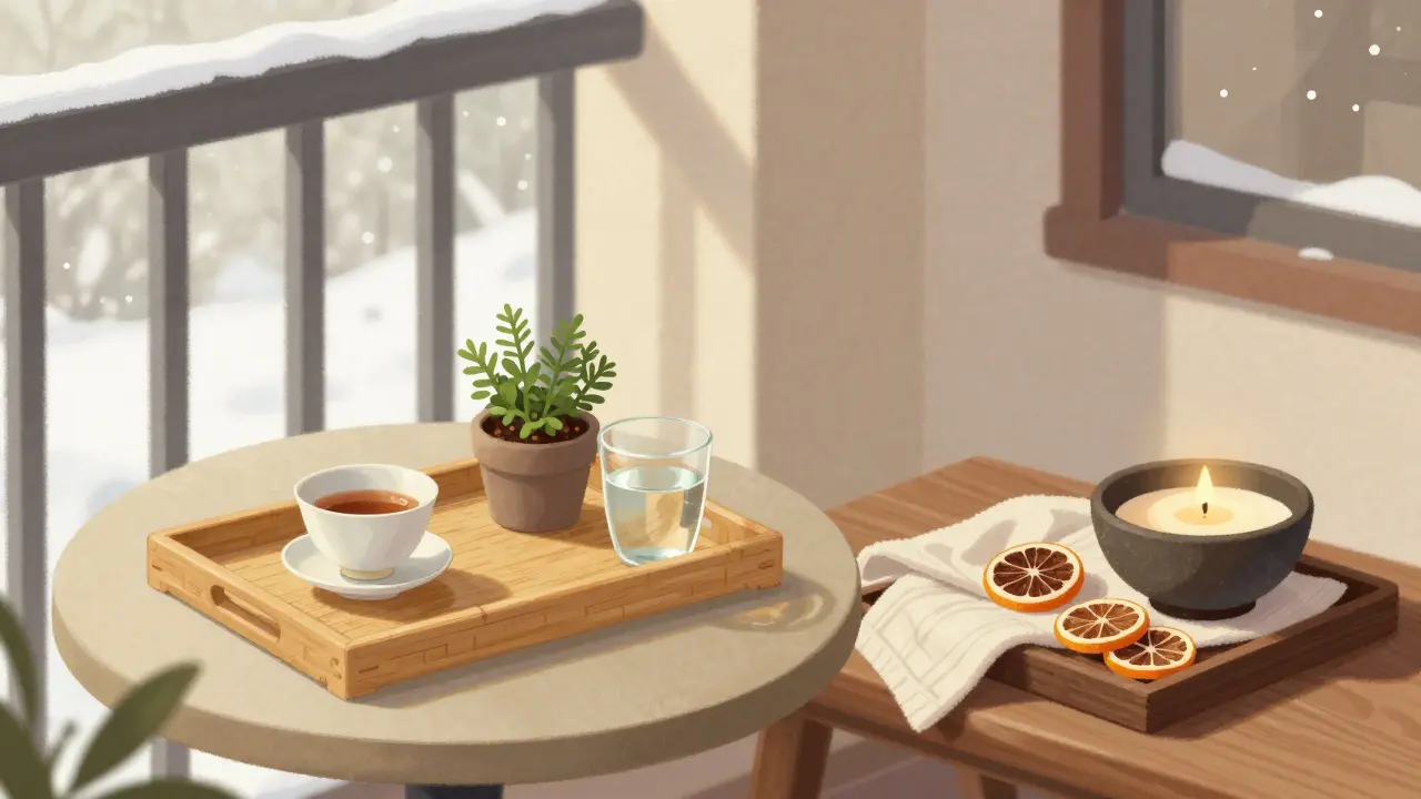 Bambusový tácy na balkoně s čajem a bylinkou, vedle zimní verze s keramickou miskou a svíčkou.