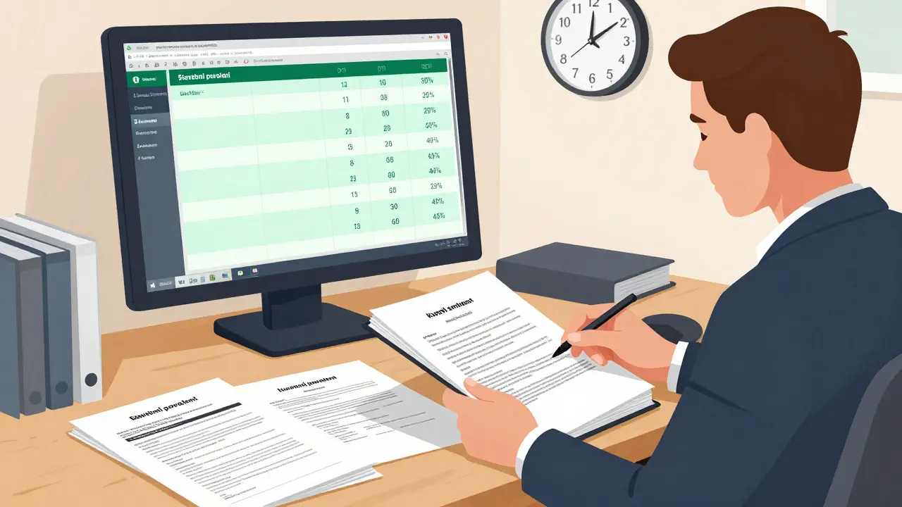 Bankovní úřednice přezkoumá dokumenty pro hypotéku na rodinný dům s výpočty LTV, DTI a DSTI.