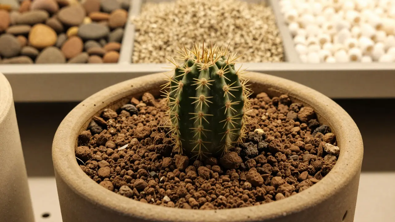Ceramic planter with drainage holes and expanded clay pellets as drainage layer.