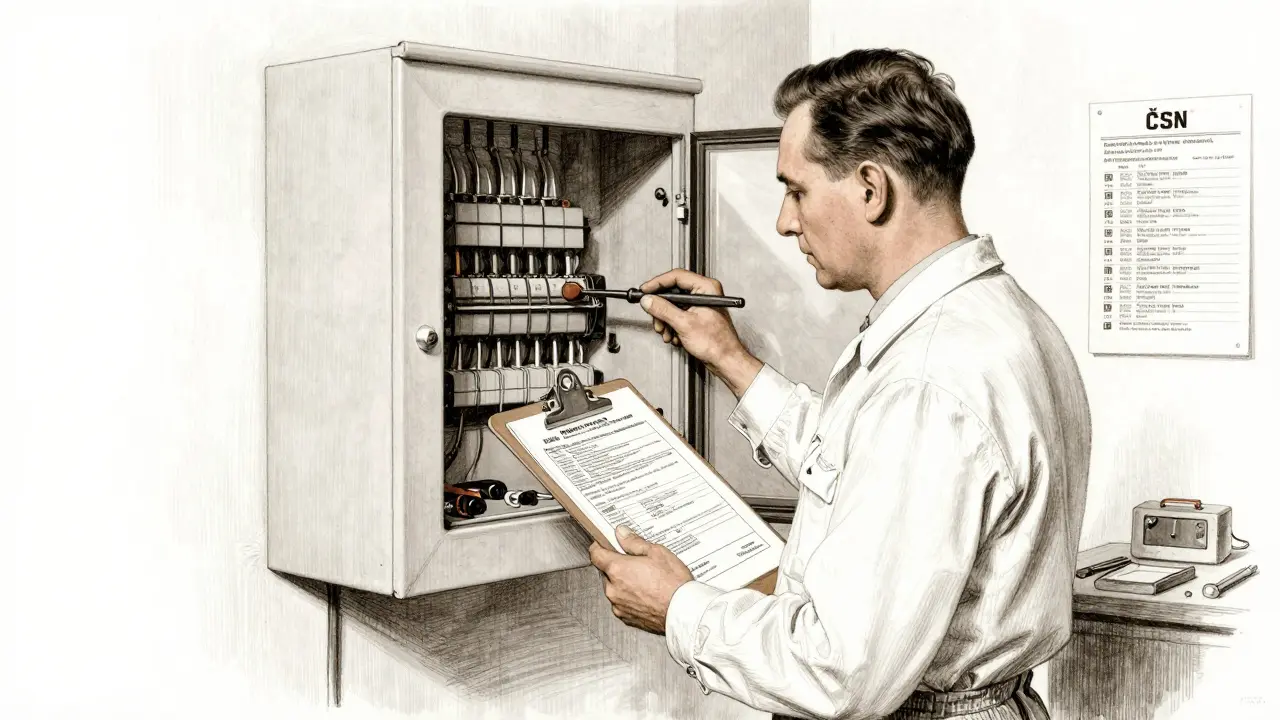 Certifikovaný revizní technik kontroluje elektrický rozváděč v bytě, drží kancelářský blok se schválením.