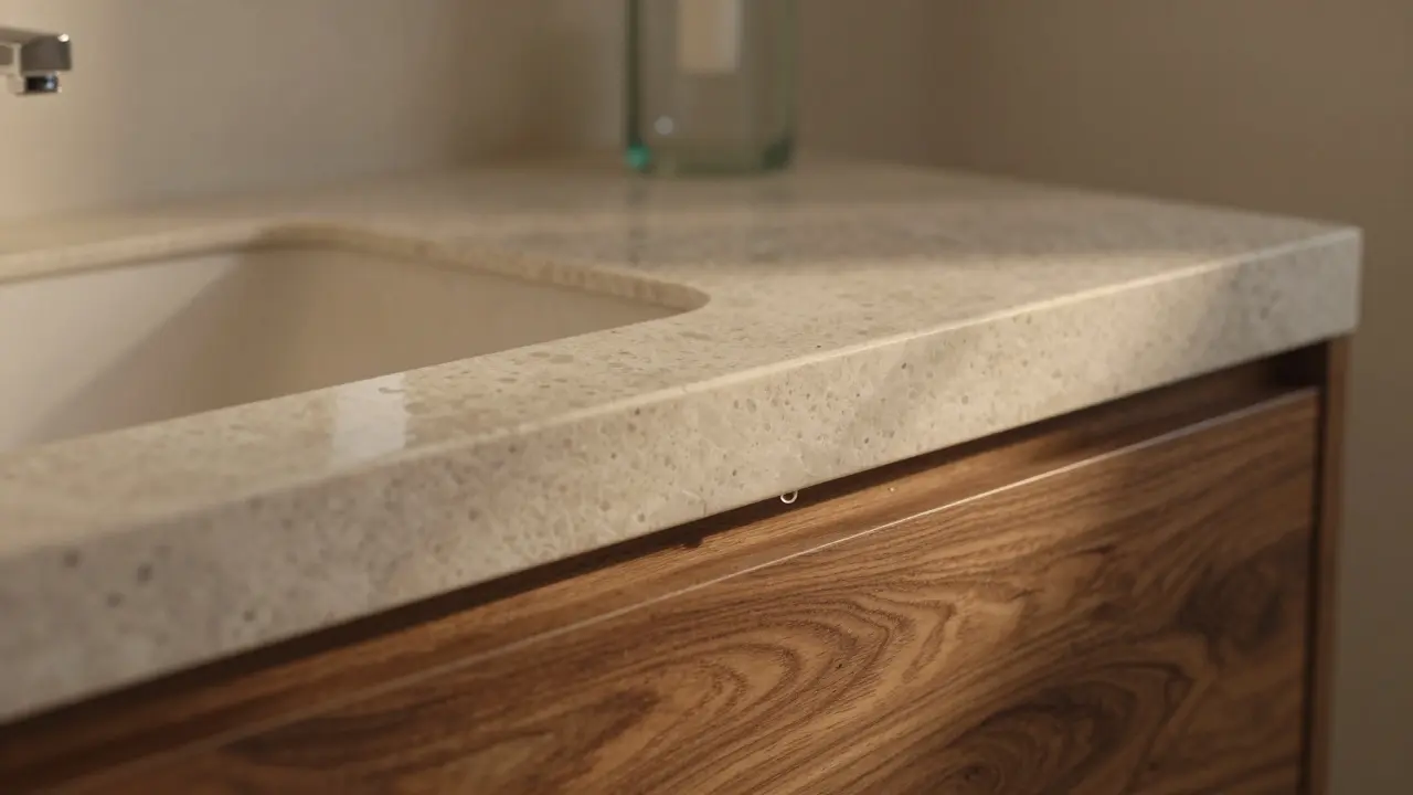 Detail dřevěné desky a přírodního kamene s kapekou vody na kraji.