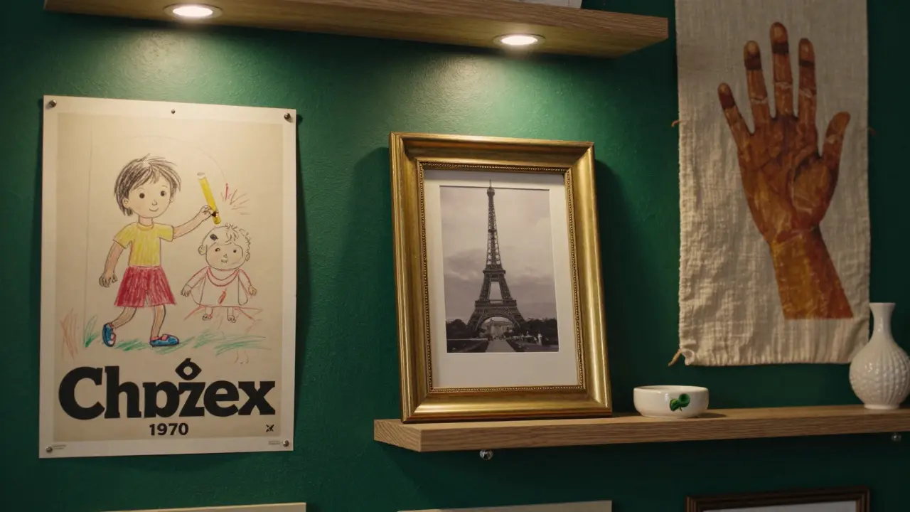 Detail stěny s vintážní fotografií, dětským kreslením a kovovým rámem, osvětleným bodovým světlem.