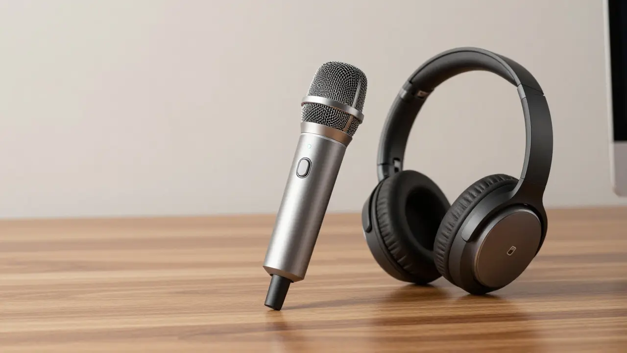 Detail USB mikrofonu a bezdrátových sluchátek na stole s LED indikátory.