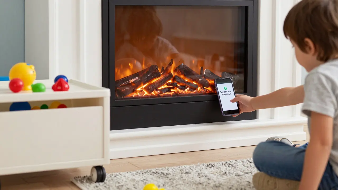 Dítě se dotýká chytré zábrany u krbu, na pozadí je vidět telefon s upozorněním a nábytek s certifikací bezpečnosti.