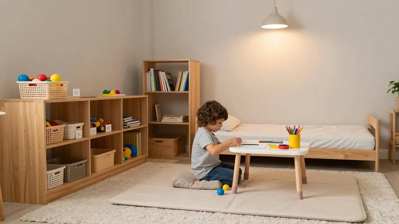 Dítě se sám učí řádu, ukládá hračky do otevřených košů v malém bytě s přírodními materiály.