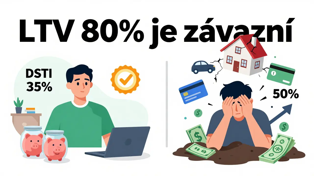 Dvě scény: jedna s bezpečným financováním hypotéky, druhá s příliš vysokými splátkami a dluhy.