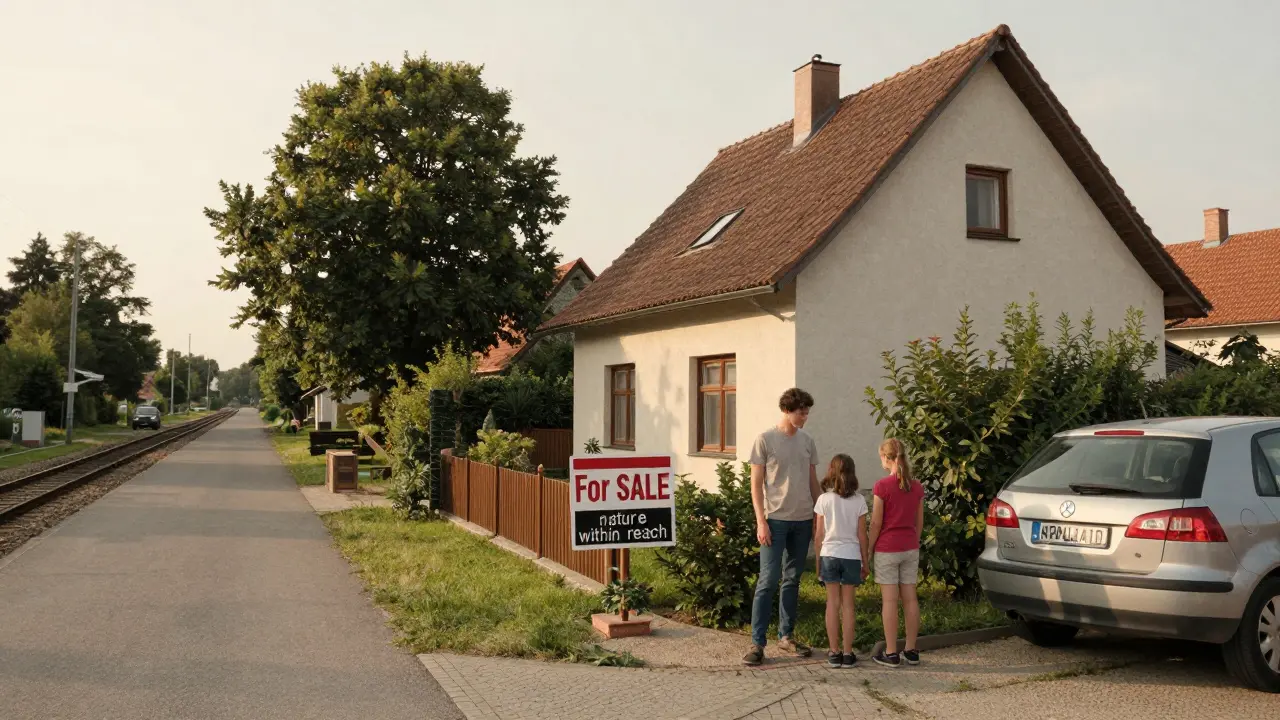 Family in front of a suburban house near a train station, with Prague-bound car parked nearby, representing the 'nature within reach' housing trend.