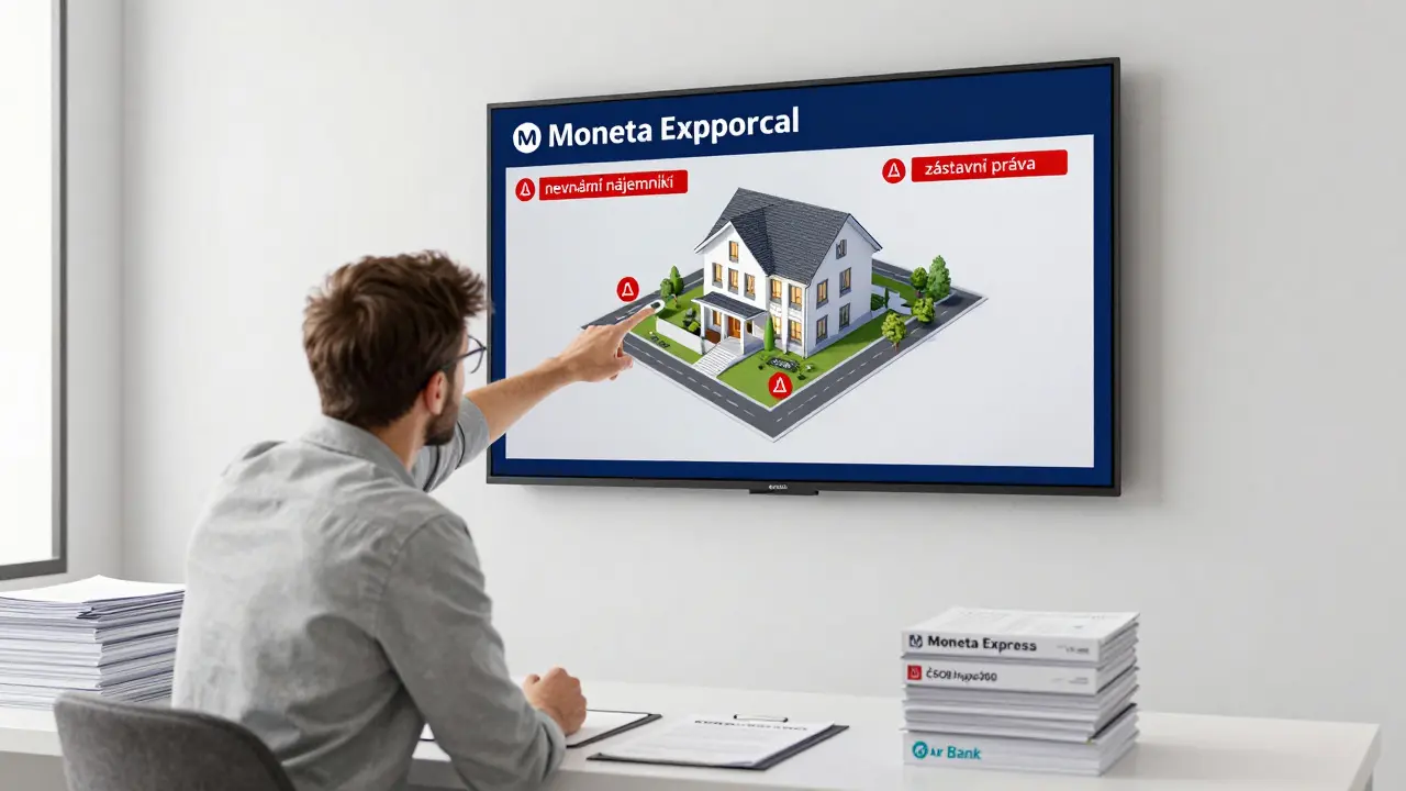 Finanční poradce ukazuje klientovi na obrazovce rizika dražební nemovitosti.