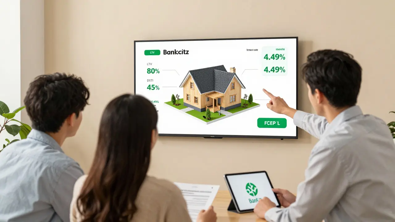 Finanční poradce ukazuje klientům na obrazovce data o hypotéce na dřevostavbu s úrokovou sazbou 4,49 %.