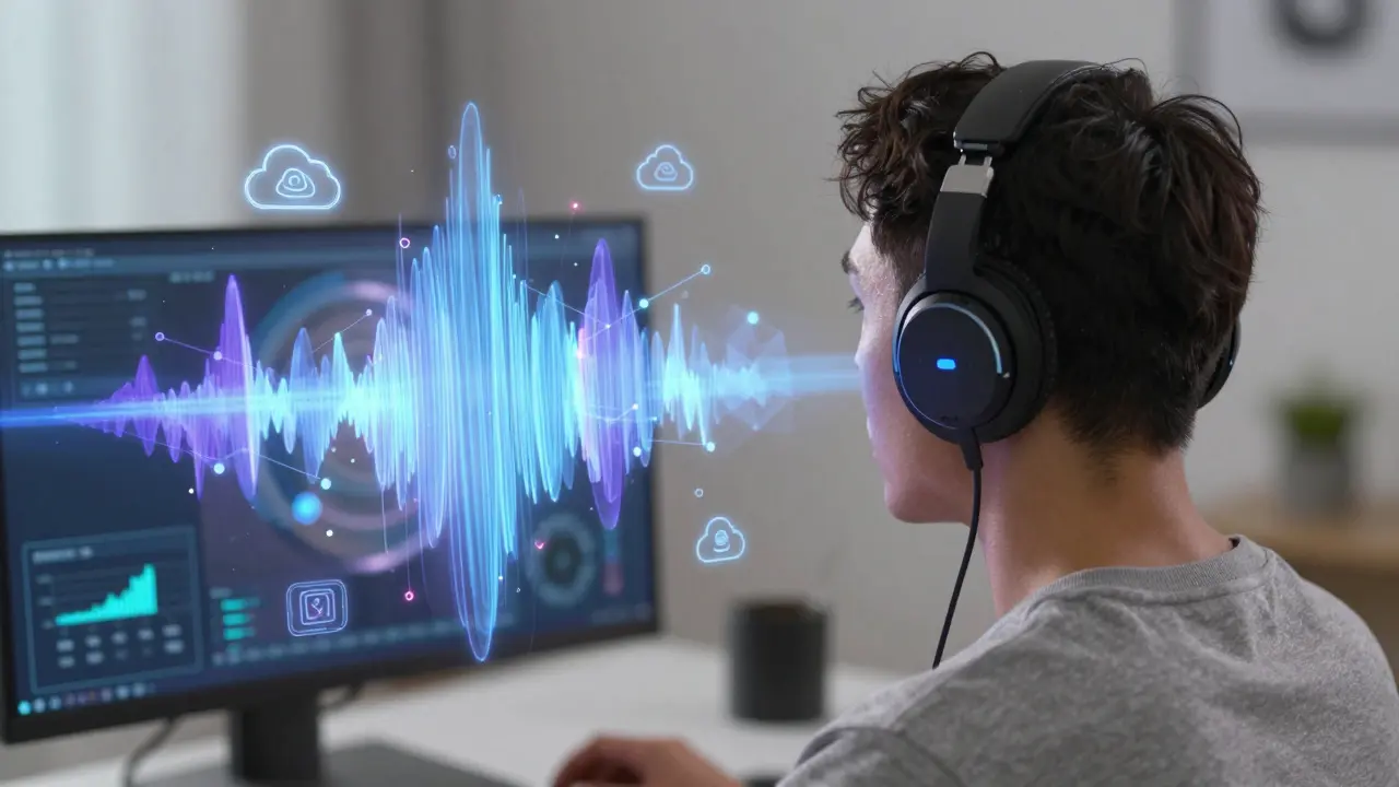 Futuristický pohled na AI filtraci hluku s cloudovým propojením pro videohovory.