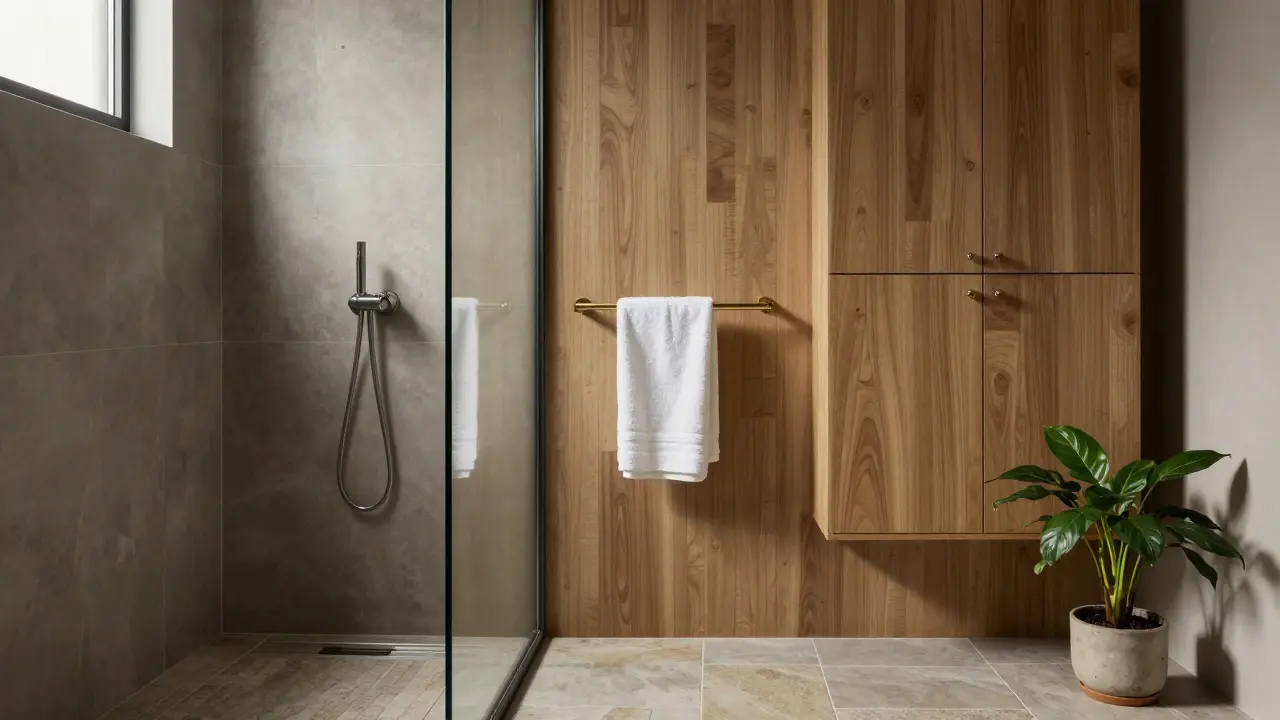 Harmonická kombinace skla, kamene a dřeva v koupelně s přirozeným osvětlením.