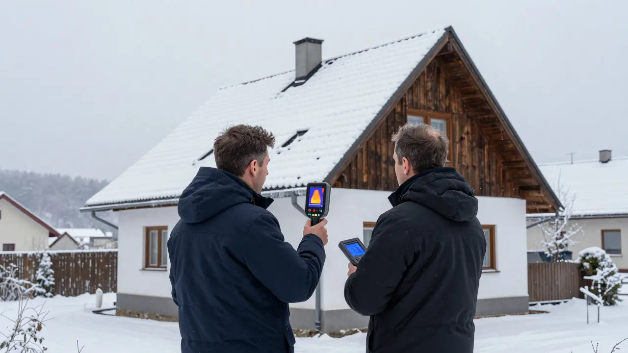 Inspektor používá termovizní kameru na sněžené střeše domu v zimě.