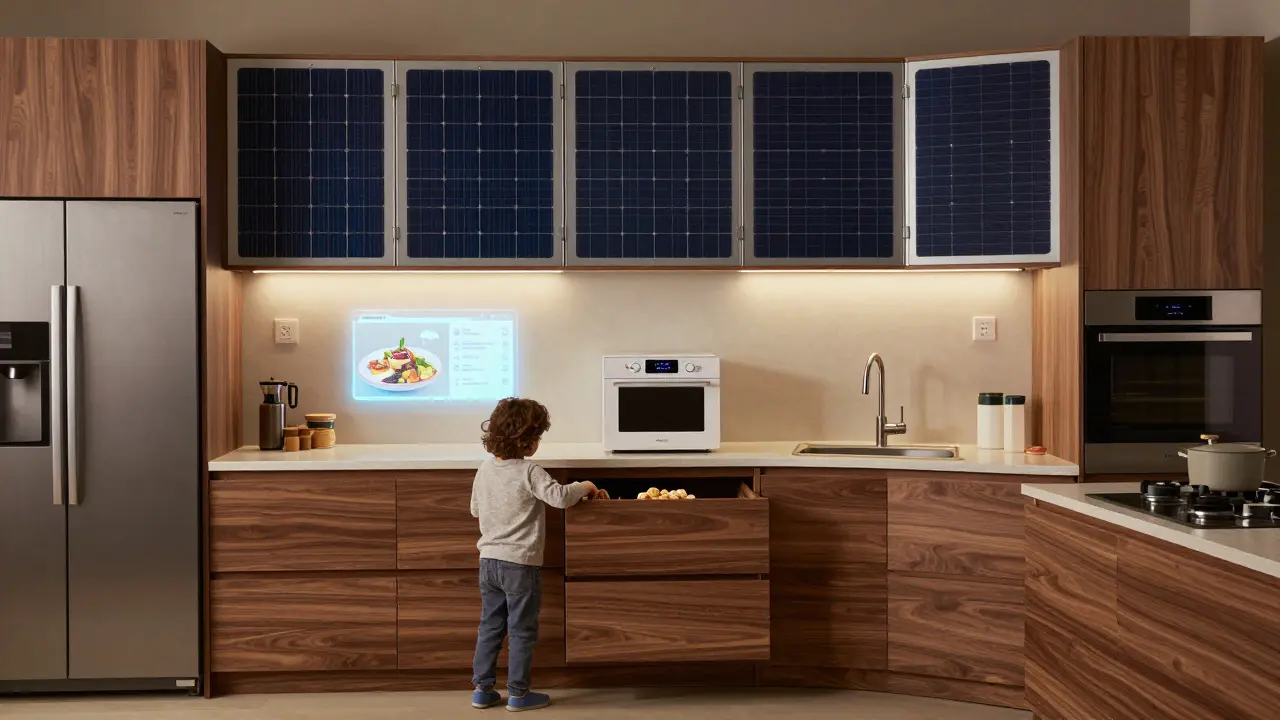 Kitchen with solar-integrated cabinets and AI recipe display, using warm matte wood tones.