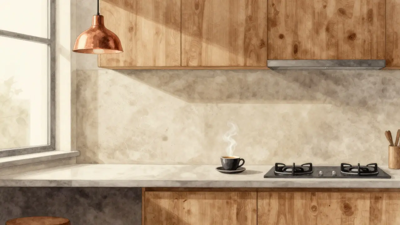 Kuchyň s betonovou stěrkou na zadní stěně, dřevěnými skříněmi a mosaznými lampami.