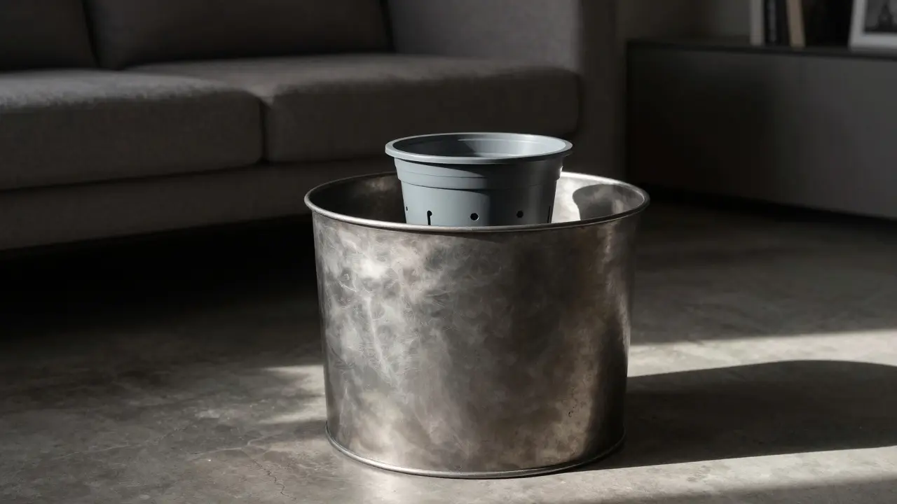 Metal planter with a smaller inner pot containing drainage holes for plant health.