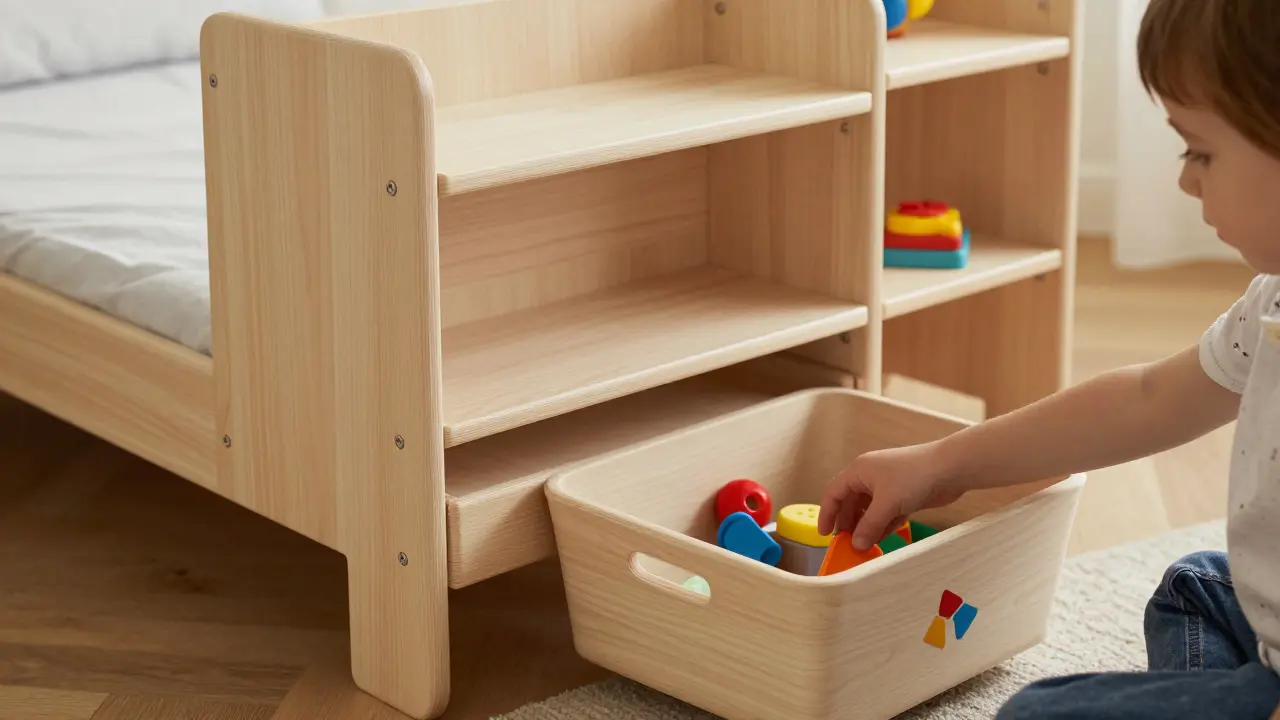 Modulární dětský nábytek z bukového dřeva s přizpůsobitelnými komponenty pro hraní a učení.