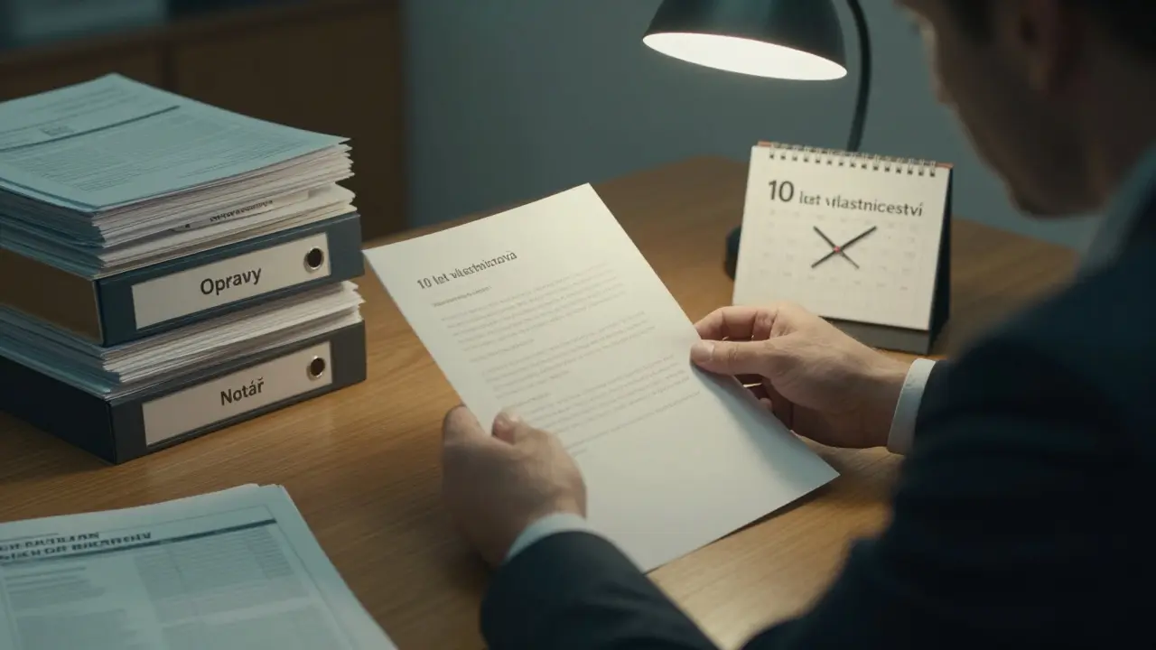 Muž prohlíží dokumenty o prodeji nemovitosti s označenými výdaji a lhůtami vlastnictví.
