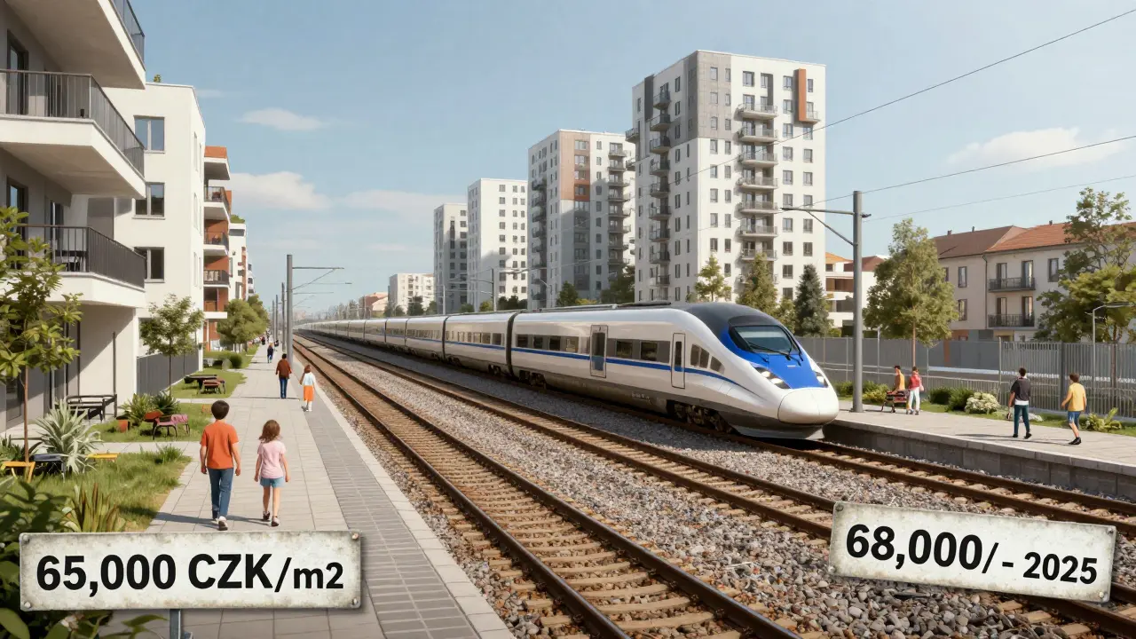 Pardubice with high-speed train heading to Prague and new residential towers rising along the tracks, symbolizing rapid urban transformation.