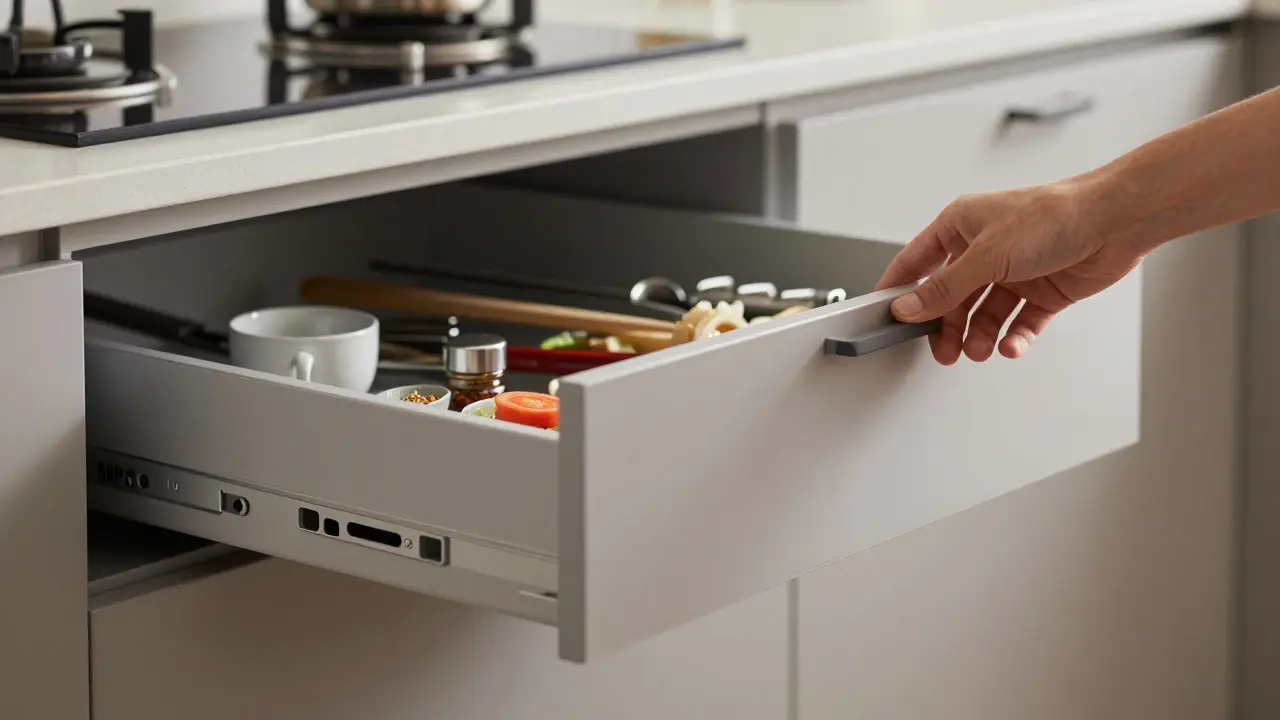 Push-to-open drawer gliding smoothly with fingertip pressure, revealing organized kitchen items.