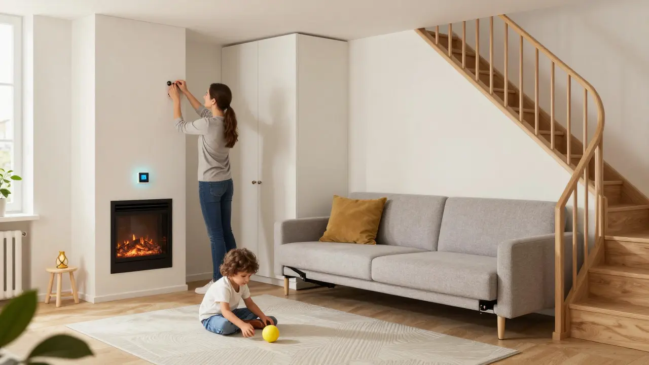 Rodina v malém bytě: rodič montuje kotevní sady na skříň, dítě hraje na odolné podlaze, bezpečnostní zábrany jsou viditelné.